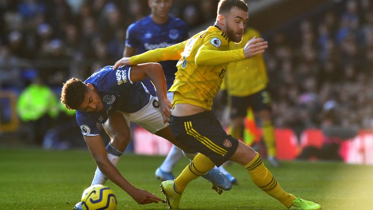 Dominic Calvert-Lewin and Calum Chambers in Premier League action at Goodison Park