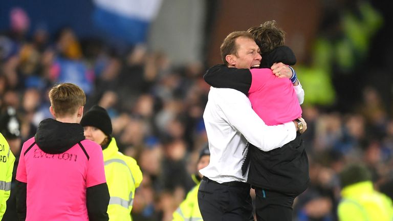 Ferguson hugged one of the Goodison Park ball boys while celebrating a goal against Leicester
