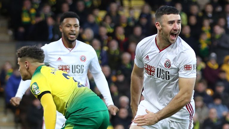 Sheffield United's Enda Stevens celebrates scoring against Norwich