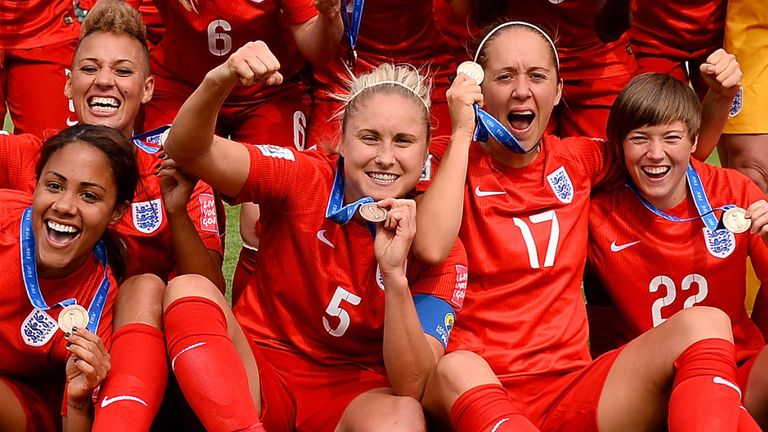 England celebrate after winning the FIFA Women's World Cup 2015 Third Place Play-off against Germany