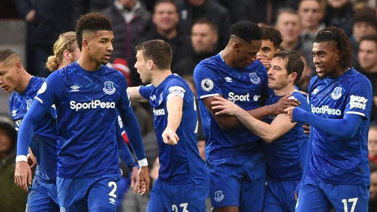 Everton celebrate after Victor Lindelof's own goal