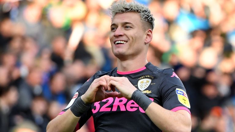 Ezgjan Alioski celebrates scoring against Huddersfield