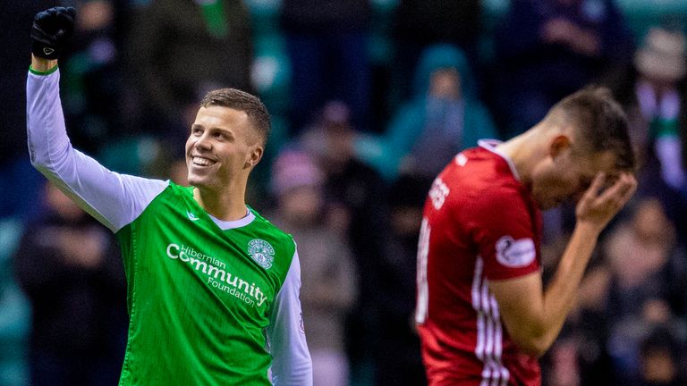 Florian Kamberi celebrates during Hibernian's victory over Aberdeen