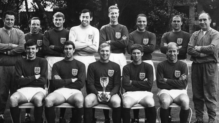 Martin Peters (front left) alongside Alf Ramsey's World Cup winners