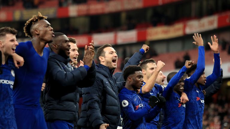 Frank Lampard manager of Chelsea celebrates the win with his players during the Premier League match between Arsenal FC and Chelsea FC at Emirates Stadium on December 29, 2019 in London, United Kingdom.