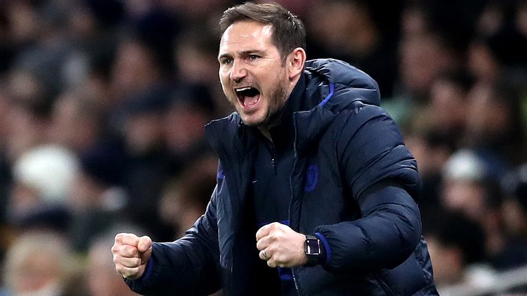 Chelsea manager Frank Lampard celebrates after Willian (not pictured) scores his side's second goal of the game from the penalty spot during the Premier League match at Tottenham Hotspur Stadium, London. PA Photo. Picture date: Sunday December 22, 2019. See PA story SOCCER Tottenham. Photo credit should read: Nick Potts/PA Wire. RESTRICTIONS: EDITORIAL USE ONLY No use with unauthorised audio, video, data, fixture lists, club/league logos or "live" services. Online in-match use limited to 120 images, no video emulation. No use in betting, games or single club/league/player publications.
