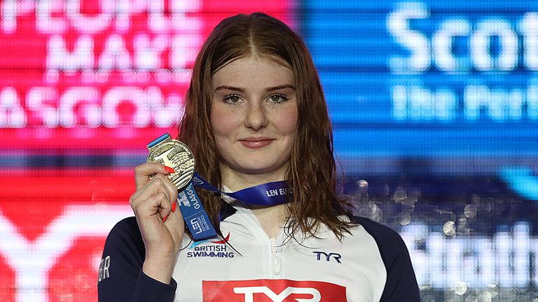 Freya Anderson of Great Britain poses with her gold medal after winning the Women&#39;s 200m Freestyle final during day four of the LEN European Short Course Swimming Championships at Tollcross International Swimming Centre on December 07, 2019 in Glasgow, Scotland.