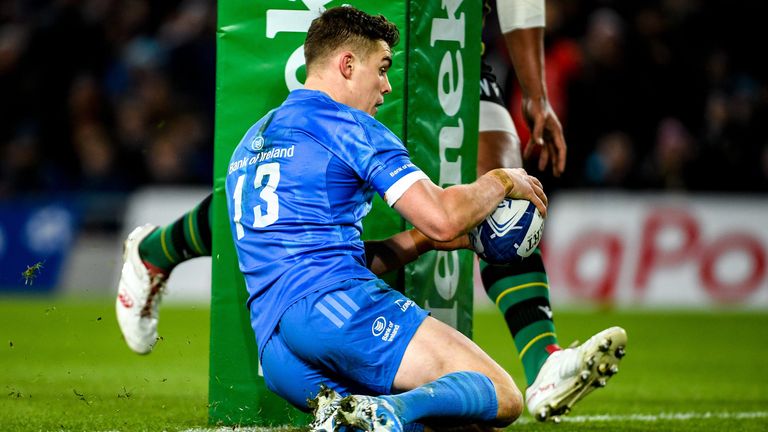 14 December 2019; Garry Ringrose of Leinster scores his and his side's second try during the Heineken Champions Cup Pool 1 Round 4 match between Leinster and Northampton Saints at the Aviva Stadium in Dublin. Photo by Ramsey Cardy/Sportsfile