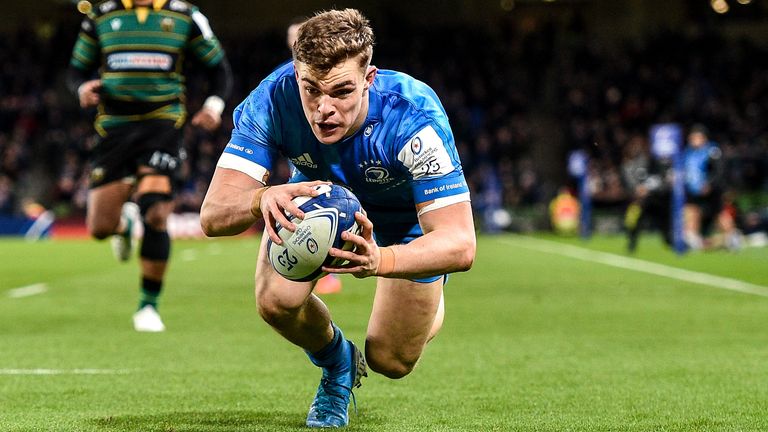 14 December 2019; Garry Ringrose of Leinster scores his side's first try during the Heineken Champions Cup Pool 1 Round 4 match between Leinster and Northampton Saints at the Aviva Stadium in Dublin. Photo by Sam Barnes/Sportsfile