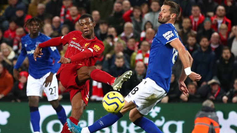 Georginio Wijnaldum scores Liverpool&#39;s fifth goal against Everton late in the second half