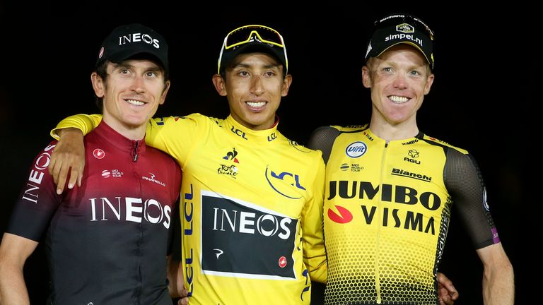 Geraint Thomas of Great Britain and Team Ineos, winner of Tour de France 2019 yellow jersey Egan Bernal Gomez of Colombia and Team Ineos, third place Steven Kruijswijk of the Netherlands and Team Jumbo-Visma during the podium ceremony following stage 21 of the 106th Tour de France 2019, the last stage from Rambouillet to Paris - Champs Elysees