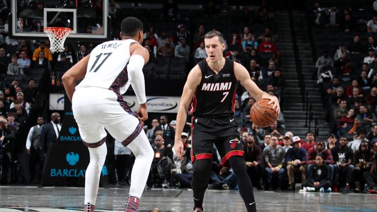 Goran Dragic of the Miami Heat handles the ball against the Brooklyn Nets