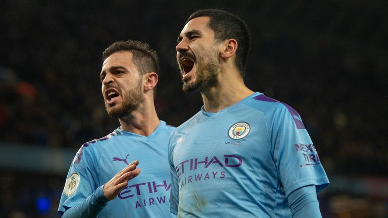 MANCHESTER, ENGLAND - DECEMBER 21: Ilkay Gundogan of Manchester City celebrates scoring a penalty during the Premier League match between Manchester City and Leicester City at Etihad Stadium on December 21, 2019 in Manchester, United Kingdom. (Photo by Visionhaus) *** Local Caption ***  Ilkay Gundogan