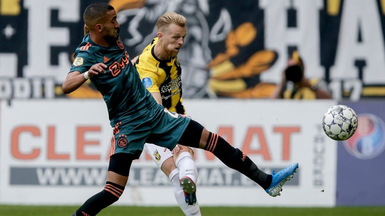 Max Clark strikes the ball for Vitesse against Ajax