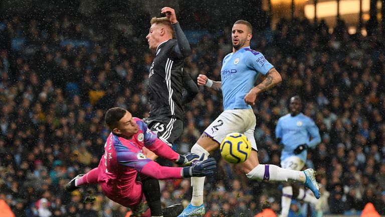 Ederson and Harvey Barnes collide but Leicester are not awarded a penalty
