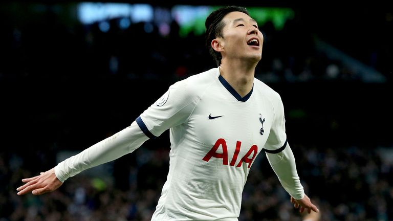 Tottenham Hotspur&#39;s Heung-min Son celebrates scoring his side&#39;s third goal of the game