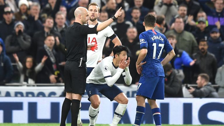 Son reacts in shock to being shown his third red card of 2019 on Sunday