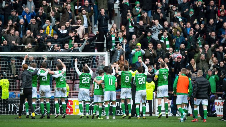 The Hibernian players celebrate at full-time 