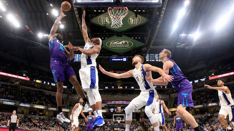 Bismack Biyombo of the Charlotte Hornets takes a shot in the game against the Indiana Pacers
