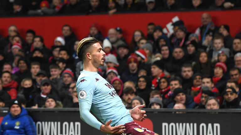 Jack Grealish celebrates his goal against Manchester United at Old Trafford