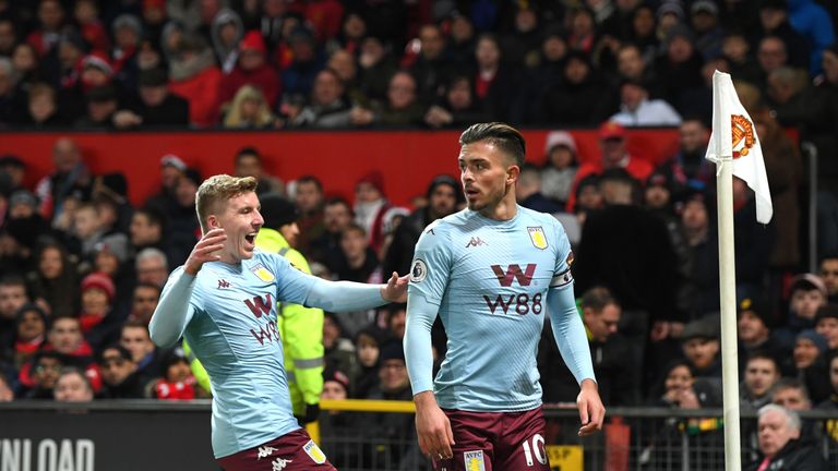 Jack Grealish celebrates his opening goal against Manchester United with Matt Targett