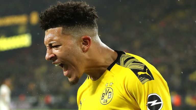 Jadon Sancho celebrates his goal against RB Leipzig