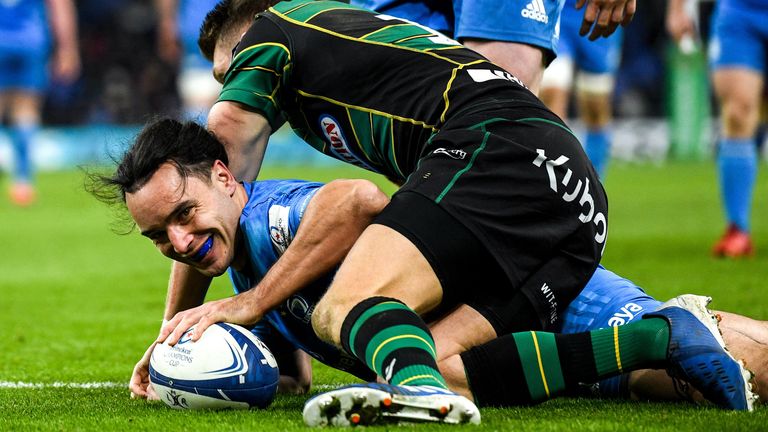 14 December 2019; James Lowe of Leinster scores his side's fifth try despite the tackle of Dan Biggar of Northampton Saints during the Heineken Champions Cup Pool 1 Round 4 match between Leinster and Northampton Saints at the Aviva Stadium in Dublin. Photo by Ramsey Cardy/Sportsfile