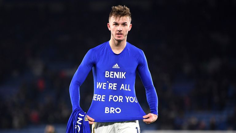Leicester's James Maddison paid tribute to Afobe on his undershirt in win against Everton last Sunday