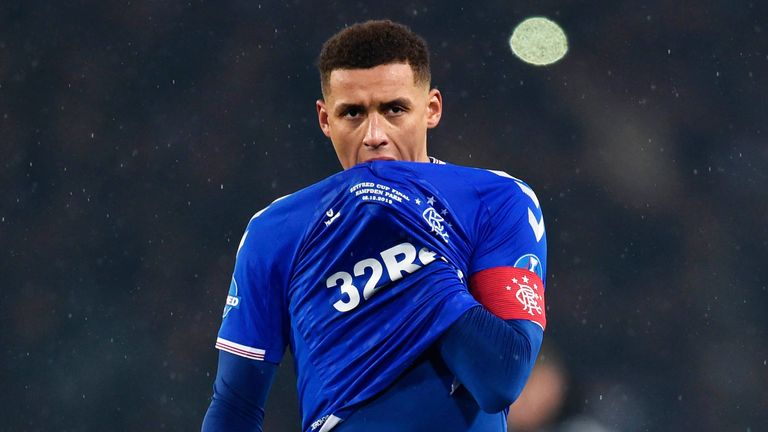 Rangers captain James Tavernier is pictured after the Scottish Cup Final between Rangers and Celtic at Hampden Park on December 8 2019