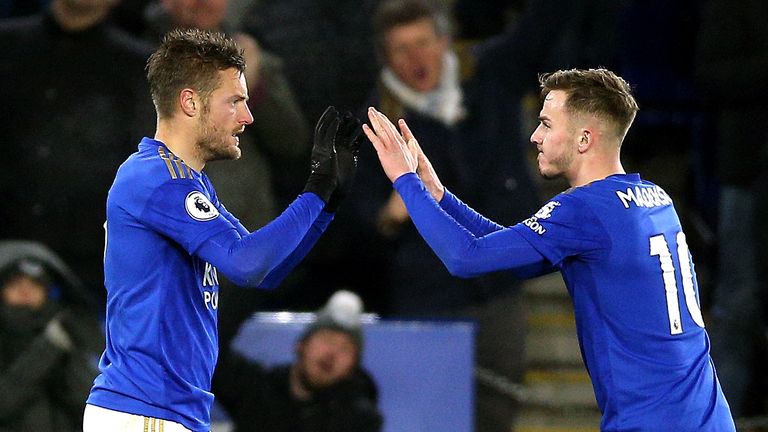 Jamie Vardy celebrates with James Maddison after equalising for Leicester against Everton