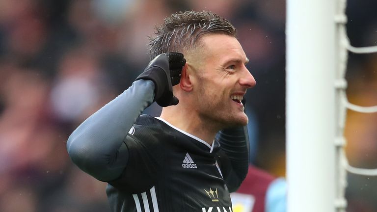 Jamie Vardy celebrates scoring for Leicester against Aston Villa