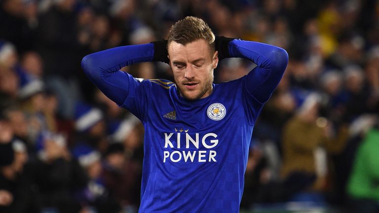 Leicester City's English striker Jamie Vardy reacts to missing a chance during the English Premier League football match between Leicester City and Norwich City at King Power Stadium in Leicester, central England on December 14, 2019.