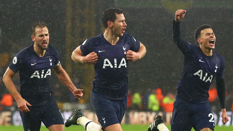 Jan Vertonghen of Tottenham Hotspur celebrates scoring his side's second goal during the Premier League match between Wolverhampton Wanderers and Tottenham Hotspur at Molineux on December 15, 2019 in Wolverhampton, United Kingdom. (