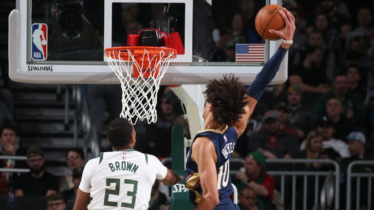 Jaxson Hayes of the New Orleans Pelicans dunks the ball against the Milwaukee Bucks