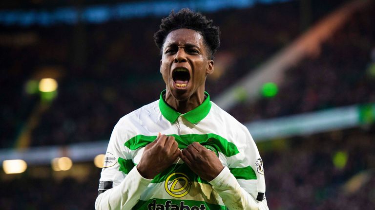 GLASGOW, SCOTLAND - DECEMBER 15: Jeremie Frimpong celebrates making it 1-0 to Celtic during the Ladbrokes Premiership match between Celtic and Hibernian at Celtic Park, on December 15, 2019, in Glasgow, Scotland. (Photo by Craig Foy / SNS Group)