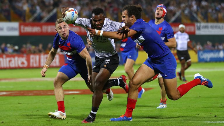 Jerry Tuwai of Fiji runs to score a try during the match between Fiji and France on Day Two of the HSBC World Rugby Sevens Series - Dubai at The Sevens Stadium on December 06, 2019 in Dubai, United Arab Emirates. 