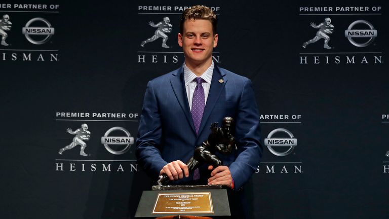 Joe Burrow of LSU after winning the Heisman Trophy for college football