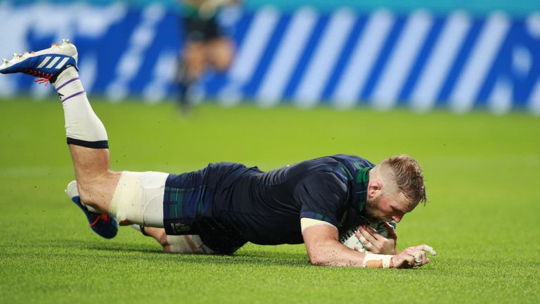 John Barclay of Scotland scores his team's eighth try during the Rugby World Cup 2019 Group A game between Scotland and Russia at Shizuoka Stadium Ecopa