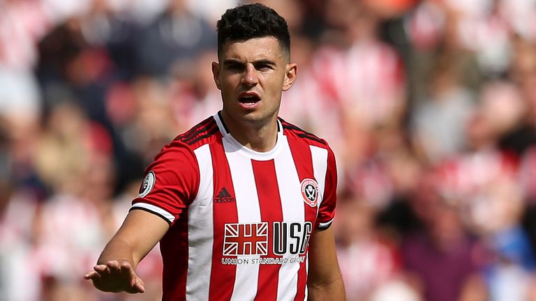 John Egan of Sheffield United during the Premier League match between Sheffield United and Crystal Palace at Bramall Lane on August 18, 2019 in Sheffield, United Kingdom. 