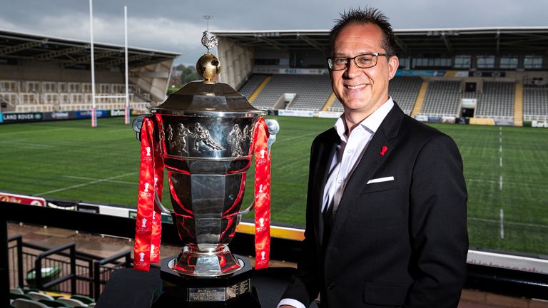 Picture by Alex Whitehead/SWpix.com - 28/08/2019 - RLWC2021 - Rugby League World Cup 2021 - Kingston Park, Newcastle, England - Jon Dutton (Chief Executive RLWC2021) and representatives pictured with the Rugby League World Cup Trophy as Kingston Park in Newcastle is announced as a host venue.