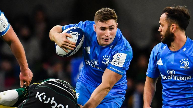 14 December 2019; Jordan Larmour of Leinster is tackled by Fraser Dingwal of Northampton Saints during the Heineken Champions Cup Pool 1 Round 4 match between Leinster and Northampton Saints at the Aviva Stadium in Dublin. Photo by Sam Barnes/Sportsfile