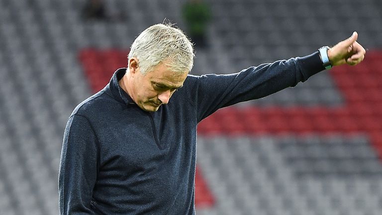 Jose Mourinho head coach of Tottenham Hotspur reacts before the UEFA Champions League group B match between Bayern Muenchen and Tottenham Hotspur at Allianz Arena on December 11, 2019 in Munich, Germany.