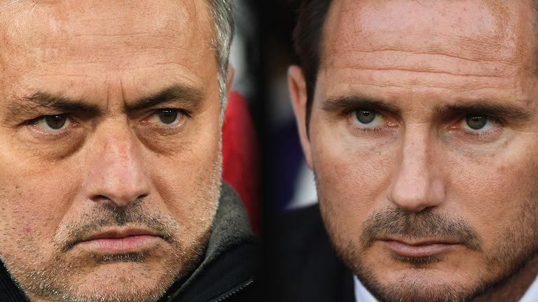 Jose Mourinho, Manager of Manchester United (L) and Derby manager Frank Lampard. 