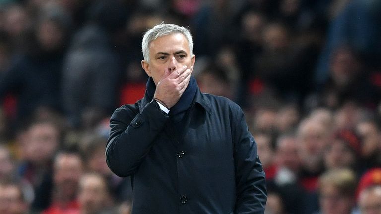 Jose Mourinho, Manager of Tottenham Hotspur reacts during the Premier League match between Manchester United and Tottenham Hotspur at Old Trafford on December 04, 2019 in Manchester, United Kingdom.