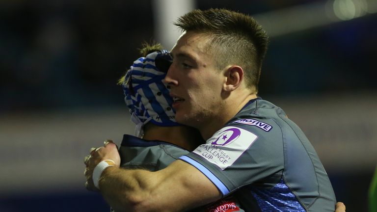 CARDIFF, WALES - DECEMBER 07:  Josh Adams of Cardiff Blues congratulates the try scorer Matthew Morgan during the European Rugby Challenge Cup Round 3 match between Cardiff Blues and Pau at Cardiff Arms Park on December 7, 2019 in Cardiff, Wales. (Photo by Huw Fairclough/Getty Images)
