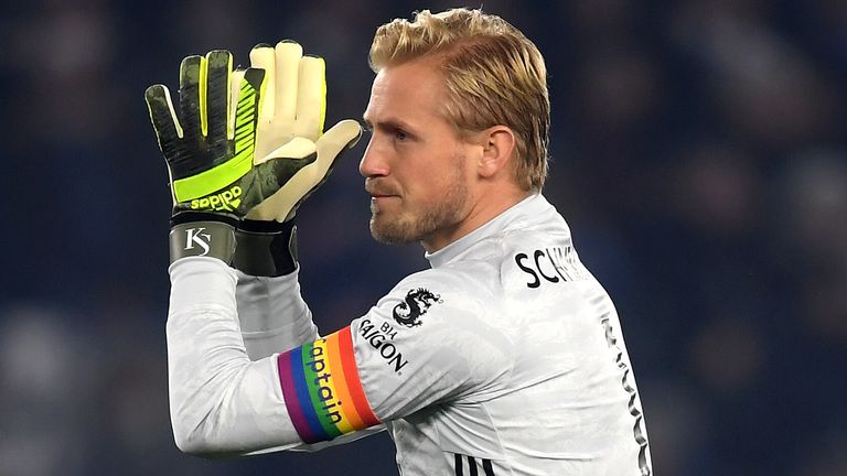 LEICESTER, ENGLAND - DECEMBER 04: Kasper Schmeichel of Leicester City wears a Stonewall Rainbow Laces captain's armband as he applauds fans prior to the Premier League match between Leicester City and Watford FC at The King Power Stadium on December 04, 2019 in Leicester, United Kingdom. (Photo by Michael Regan/Getty Images)