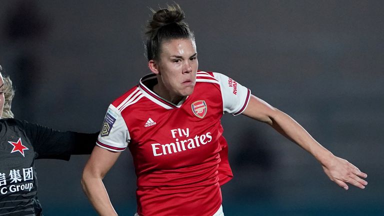 Katrine Veje in Champions League action for Arsenal in October