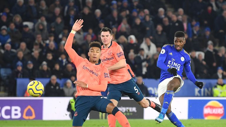 Kelechi Iheanacho of Leicester City scores his sides second goal against Everton