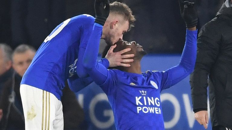 Kelechi Iheanacho celebrates with James Maddison after scoring Leicester's winner against Everton