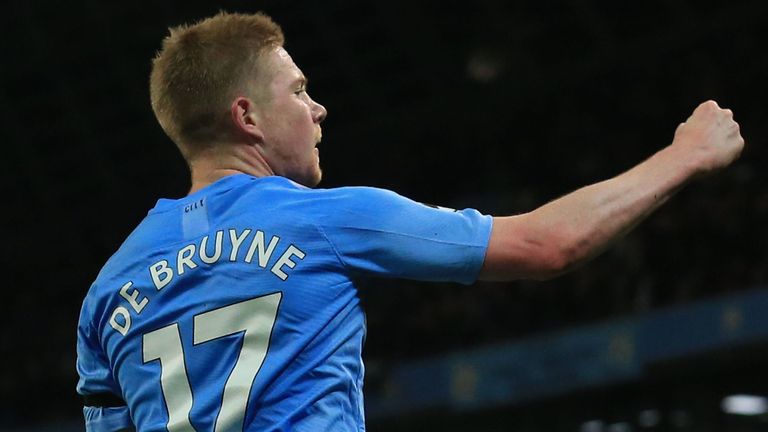 Kevin De Bruyne celebrates scoring against Sheffield United